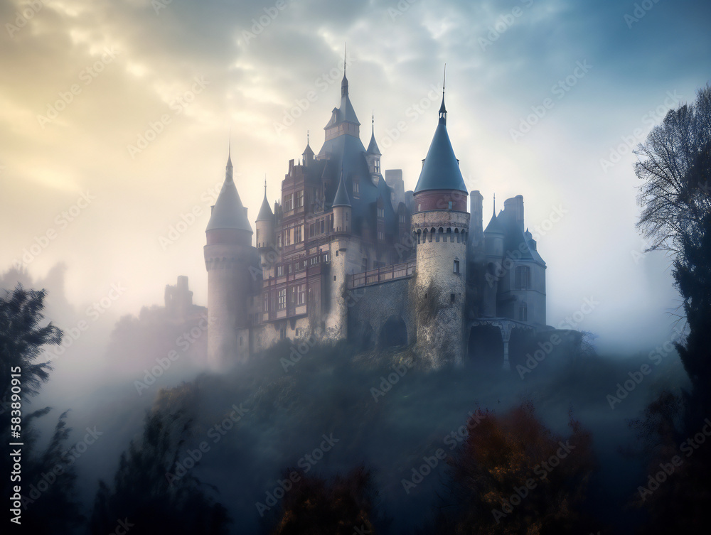 ethereal misty castle, captivating fairytale art, atmospheric medieval fortress, generative AI
