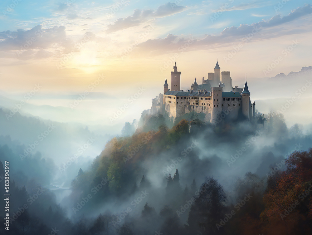 foggy castle fantasy, alluring medieval fortress in mist, evocative landscape illustration, generative AI
