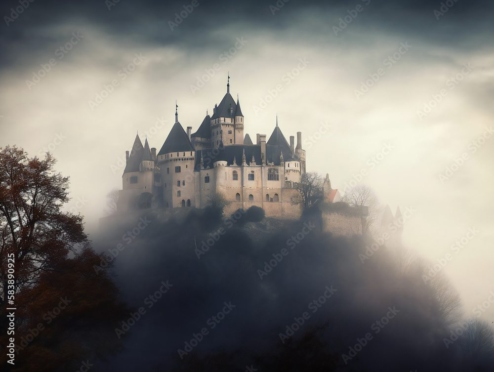 foggy castle fantasy, alluring medieval fortress in mist, evocative landscape illustration, generative AI
