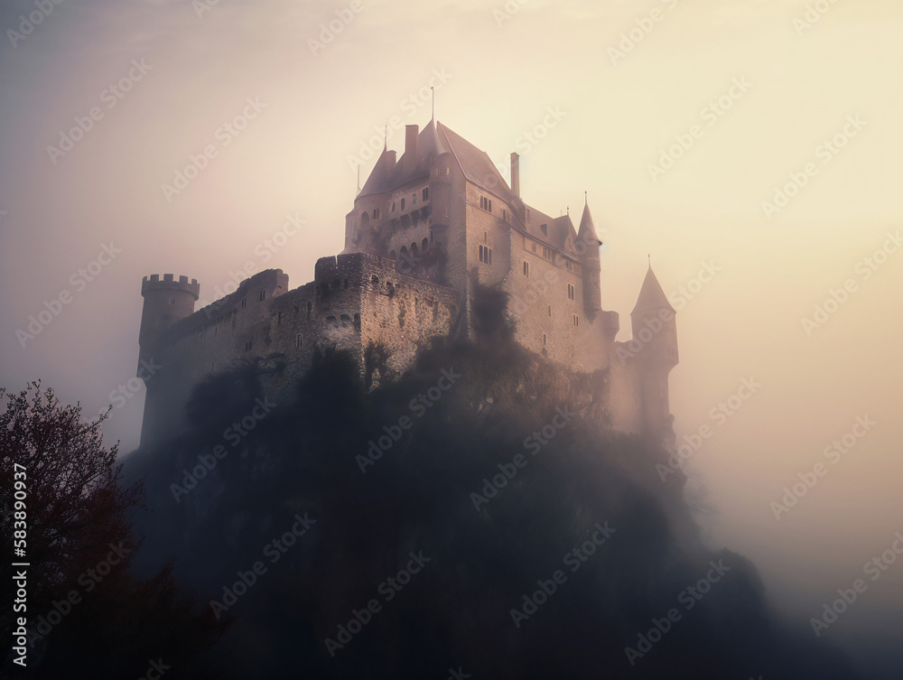 enigmatic castle in the mist, beautiful fairytale illustration, serene foggy landscape, generative AI
