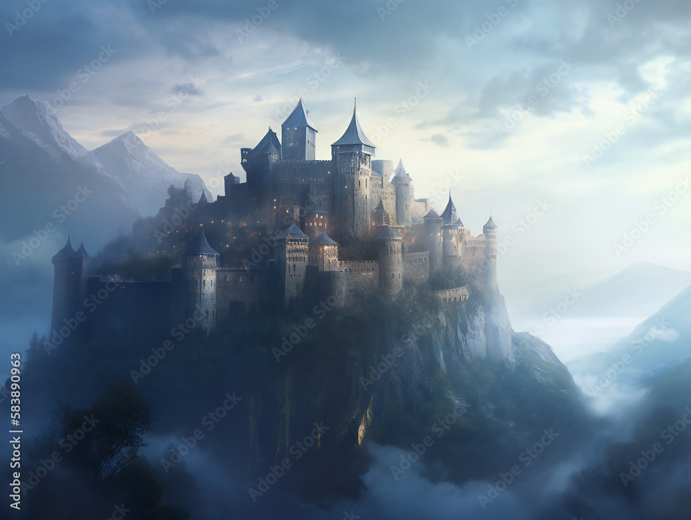 mysterious misty castle, breathtaking medieval illustration, enchanting foggy fortress, generative AI
