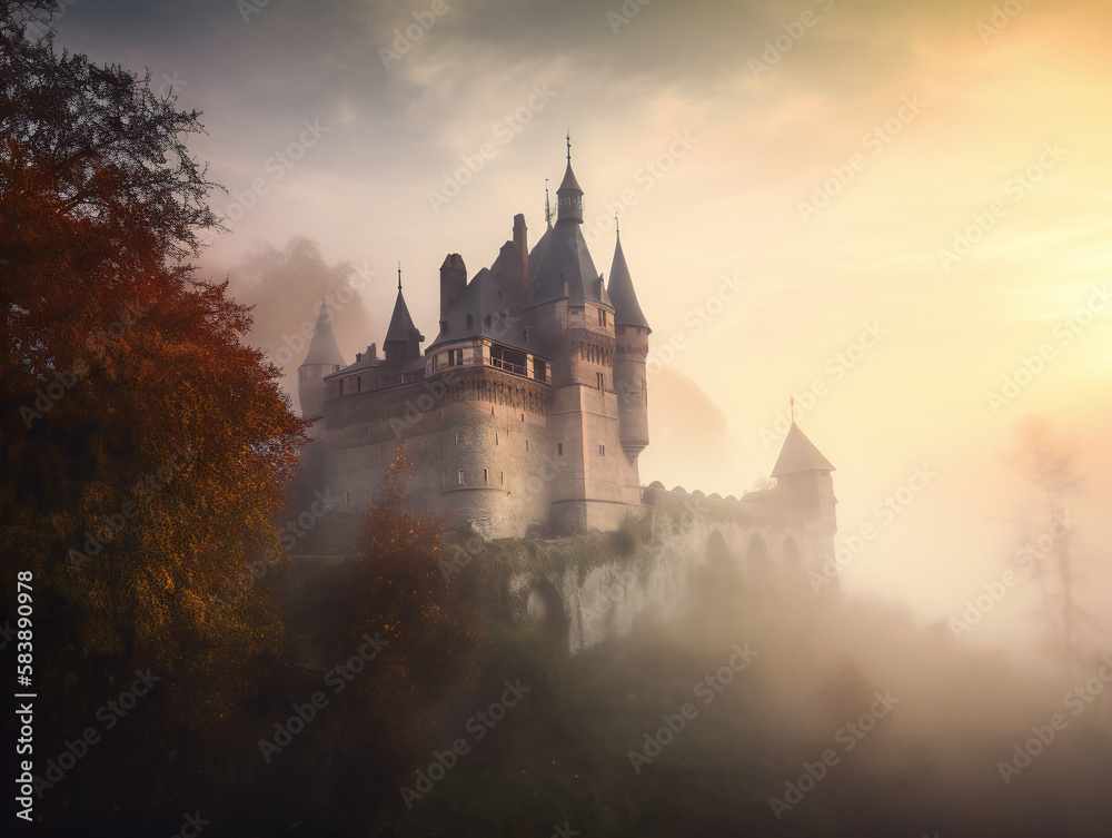 fog-enshrouded castle, captivating fairytale landscape, magical fortress illustration, generative AI
