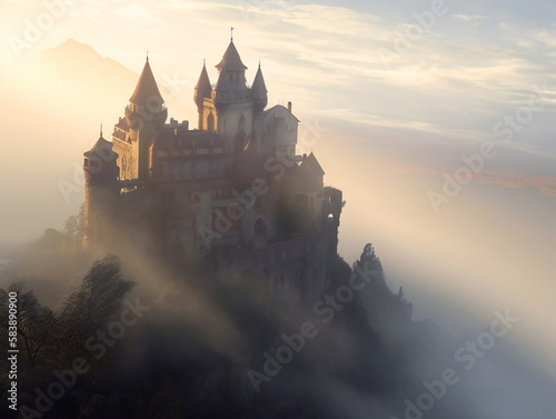 mist-shrouded castle  magical medieval scene  enchanting fortress illustration  generative AI 