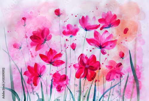  Abstract flowers watercolor on colorful artistic background with paint splashes. Hand drawn bright pink-red blooms and buds, botanical art. Stylized floral elements of fantasy blossoms for design.