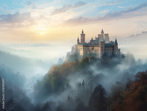 foggy castle fantasy, alluring medieval fortress in mist, evocative landscape illustration, generative AI 