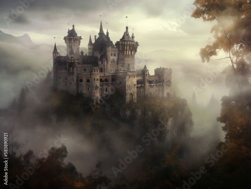 ethereal misty castle, captivating fairytale art, atmospheric medieval fortress, generative AI 