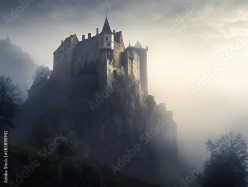 mysterious misty castle, breathtaking medieval illustration, enchanting foggy fortress, generative AI 
