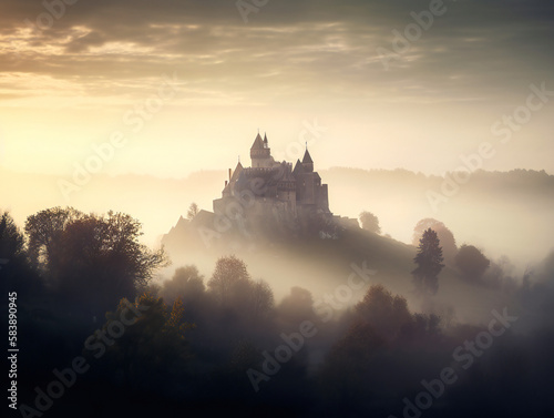 enigmatic castle in the mist, beautiful fairytale illustration, serene foggy landscape, generative AI 