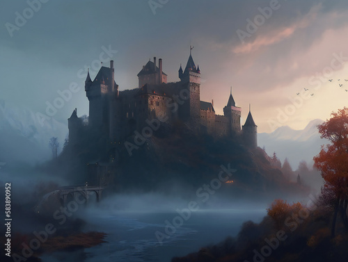 fog-enshrouded castle, captivating fairytale landscape, magical fortress illustration, generative AI 