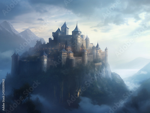 mysterious misty castle  breathtaking medieval illustration  enchanting foggy fortress  generative AI 