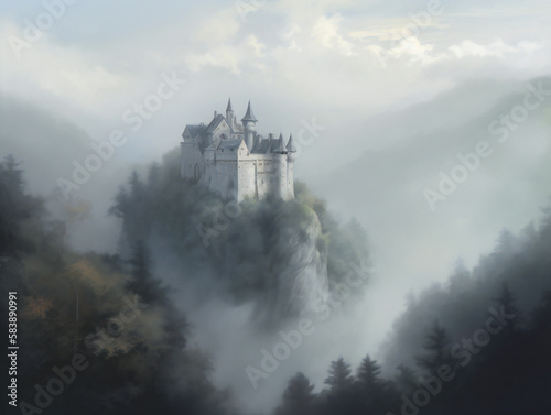 ethereal castle in mist, stunning fantasy illustration, atmospheric medieval scene, generative AI 