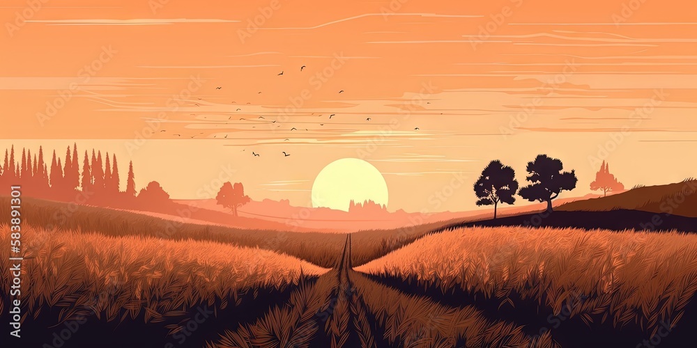 Illustration of wheat field at sunset with beautiful sky in summer landscape, Generative AI