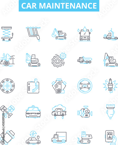 Car maintenance vector line icons set. Servicing, Repair, Tune-up, Oil, Tires, Brakes, Alignment illustration outline concept symbols and signs