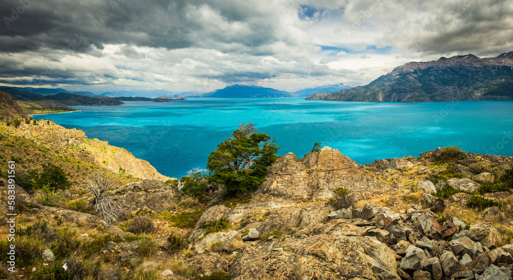 scenic stunning landscape in Patagonia Chile near Chile Chico international frontier border national mountains pass 