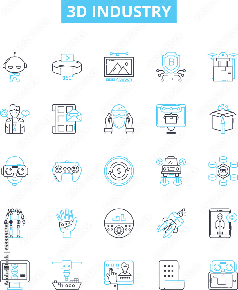 3d industry vector line icons set. 3D, Industry, Printing, Modeling, Rendering, Design illustration outline concept symbols and signs