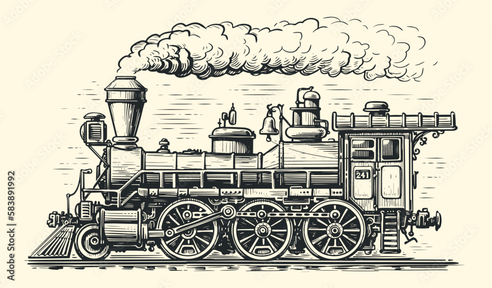 Hand drawn moving retro train, sketch. Vintage steam locomotive transport in style of old engraving. Vector illustration - obrazy, fototapety, plakaty 