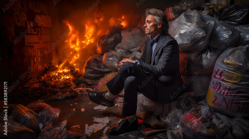 Bankrupt businessman sits on garbage, smoke and fire around, collapse, riots, burning Paris. ai generative