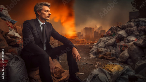 Bankrupt businessman sits on garbage, smoke and fire around, collapse, riots, burning Paris. ai generative © ZoomTeam