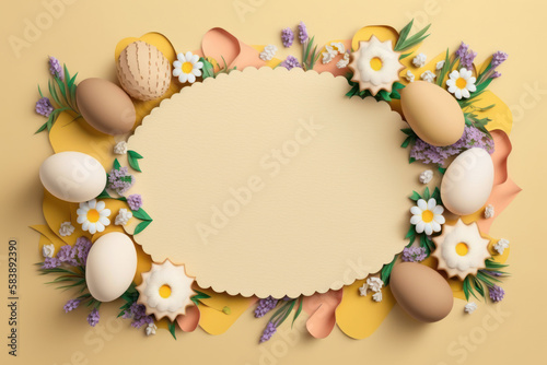 Easter frame and decor made of polymer clay and paper. Easter eggs and flowers with copy space on yellow background. Illustration generated by AI.