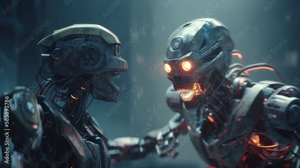 Two futuristic robot screams each other. Generative Ai Two futuristic robot screams each other. Generative Ai