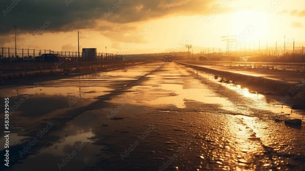 Asphalt road in the countryside at sunset. Generative Ai