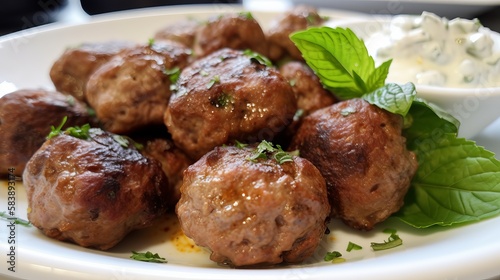 Mouthwatering Greek Keftedes - Flavorful Meatballs with Fresh Herbs, Perfectly Fried for a Golden Brown Crust and Delicious Taste photo