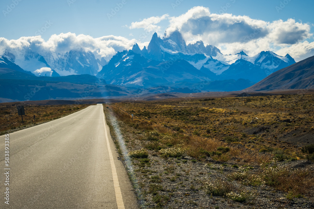 road leading to el chalten argentina town for trekking path in the andes mountains glacier 