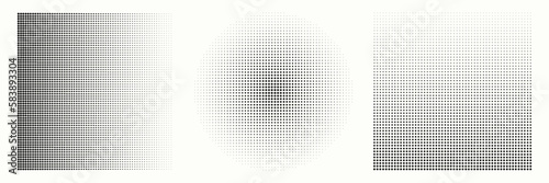 Abstract geometric halftone shapes. Black dotted circle and square gradient. 