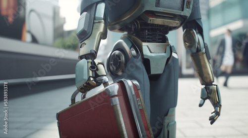 Robot with briefcase in the city. Generative Ai