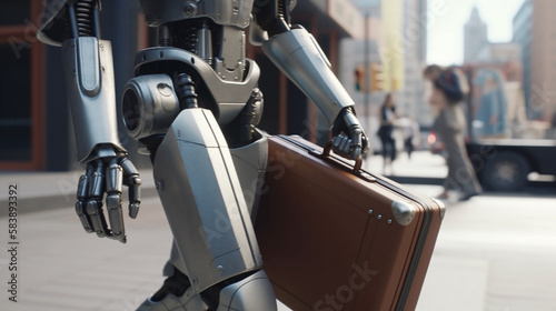 Robot with briefcase in the city. Generative Ai