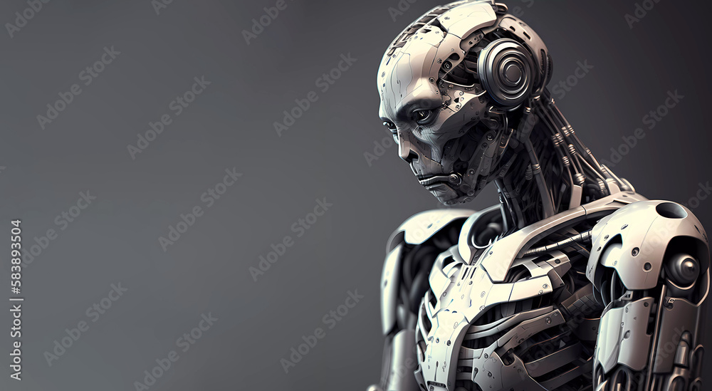 Robot thinks. Close-up. Banner. Generated AI Robot thinks. Close-up. Banner. Generated AI