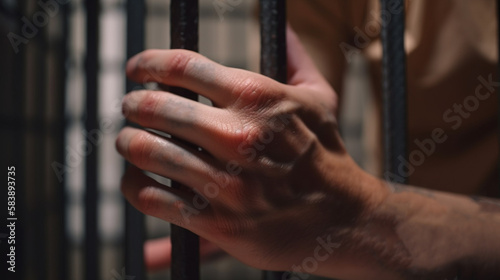 Male hand with a bars of the prison. Generative Ai