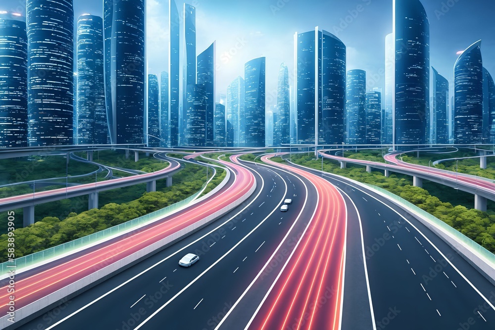 Obraz premium futuristic modern future city with highway road, generative art by A.I.