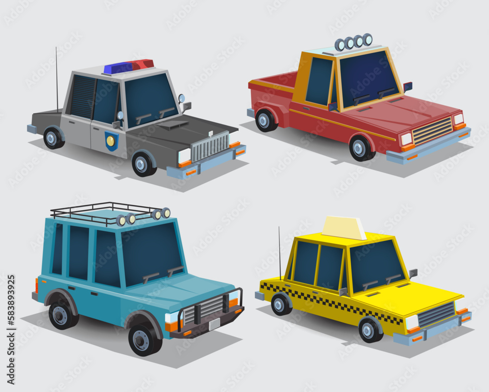 Collection of cartoon cars. Village pickup truck, police car, taxi and jeep. Cars set isolated on white background. Vector illustration
