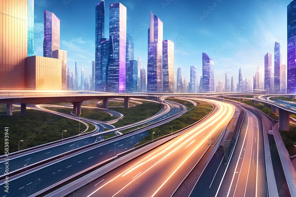Fototapeta premium futuristic modern future city with highway road, generative art by A.I.