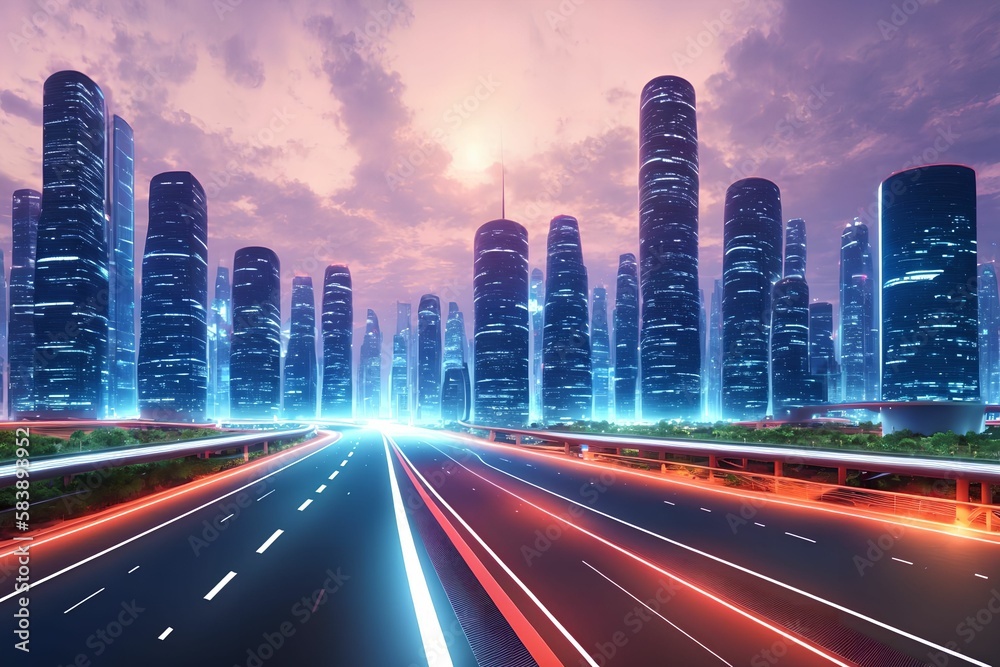 futuristic modern future city with highway road, generative art by A.I.