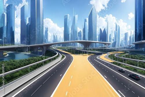 futuristic modern future city with highway road  generative art by A.I.