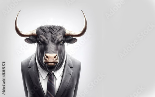 Bull with horns in a suit and white shirt. Portrait of a bull. Banner. Generated AI © Olena Dziuba