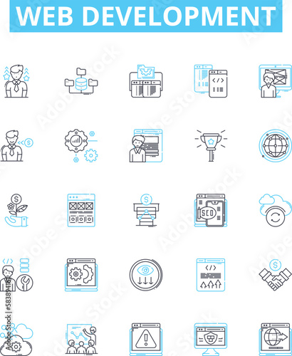 Web development vector line icons set. Web, Development, HTML, CSS, JavaScript, AJAX, PHP illustration outline concept symbols and signs