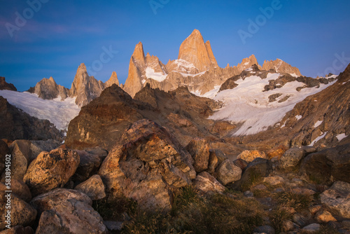 Mount Fitz Roy Landscape, Summer in Patagonia, Green Scenic Field with Snowy Mountain Peak, Natural Geography of El Chalten, Argentina