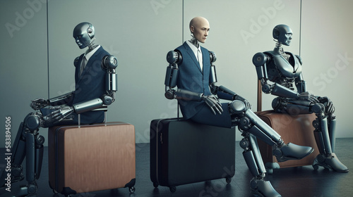 Robots sitting in a waiting room. Job interview. Generative Ai