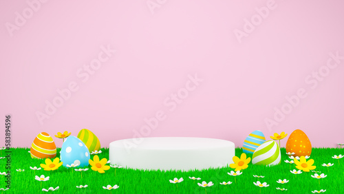3D render Easter product display stage. Colorful Easter egg in the spring daisy field background.