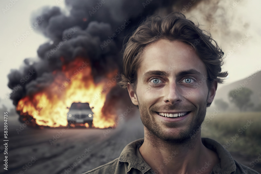 insurance concept. Smiling man looking at camera. Burning car in the background. Generative AI