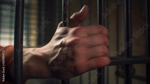 Male hand with a bars of the prison. Generative Ai