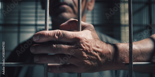 Male hand with a bars of the prison. Generative Ai