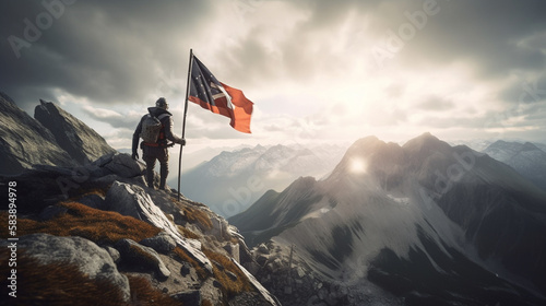 Hiker with a flag on top of the mountain. Generative Ai