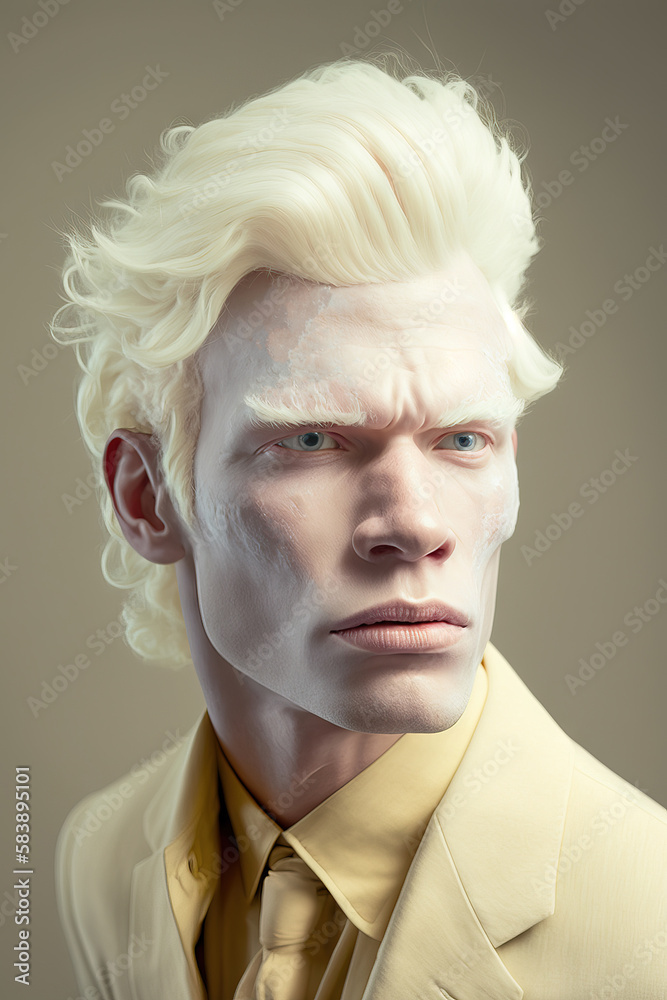 Purity. Portrait of beautiful albino man . Beauty, fashion, skincare, cosmetics concept. Inclusion and diversity. Generative ai