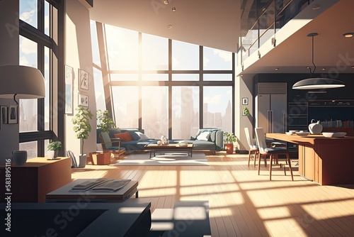 Illustration of modern light apartment with big windows and open space. Generative AI