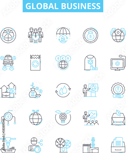 Global business vector line icons set. Global, business, international, economy, marketing, trade, commerce illustration outline concept symbols and signs