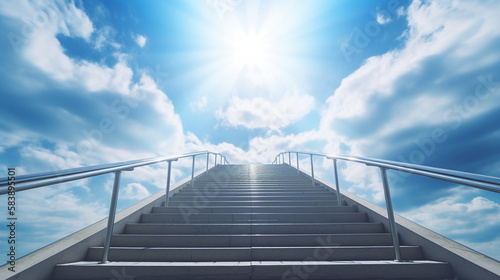 Staircase leading up to the sky with sun rays and clouds. Generative Ai